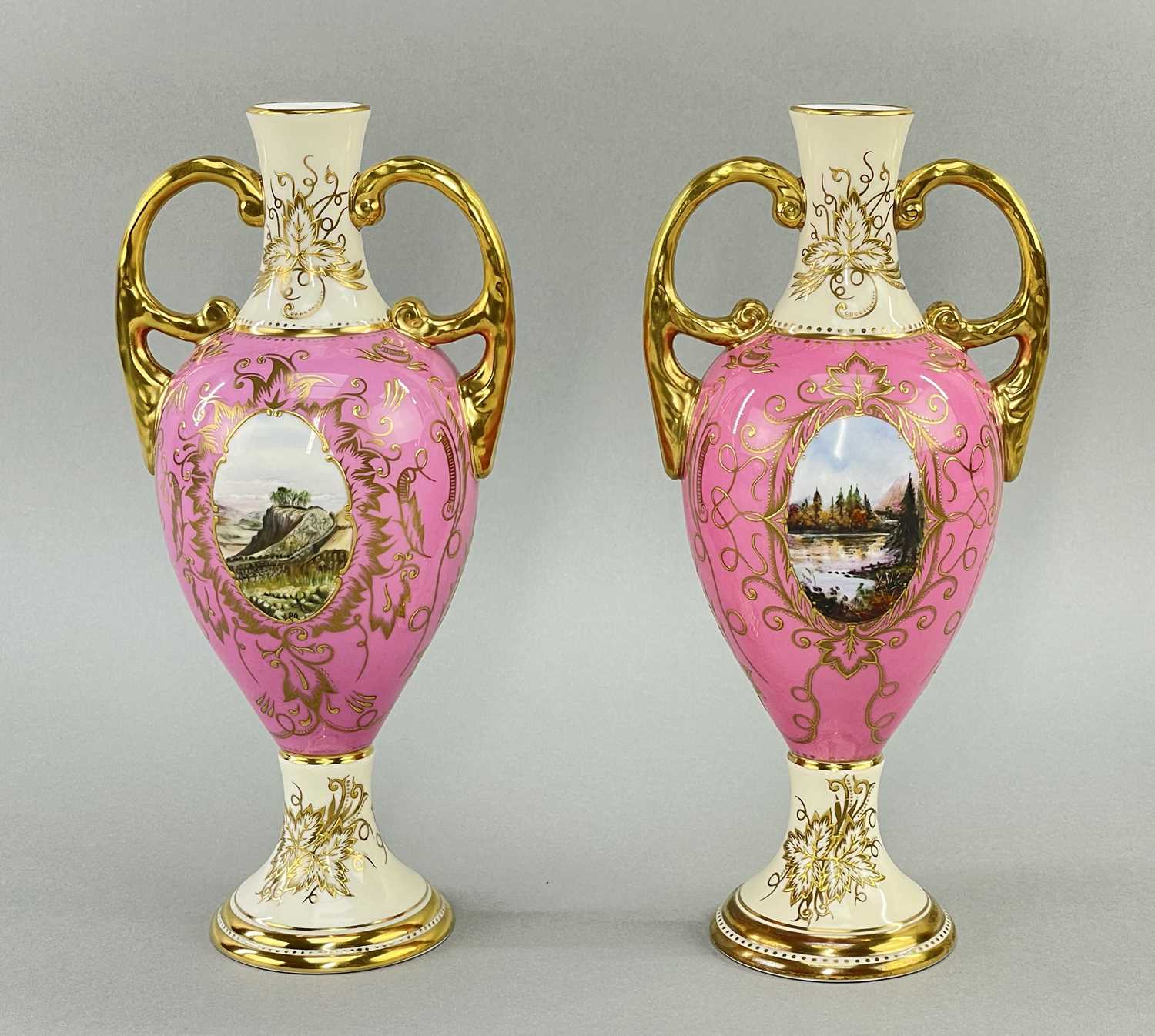 MATCHED PAIR COALPORT TWIN HANDLES VASES, each painted with two oval vignettes of Highland - Image 2 of 2