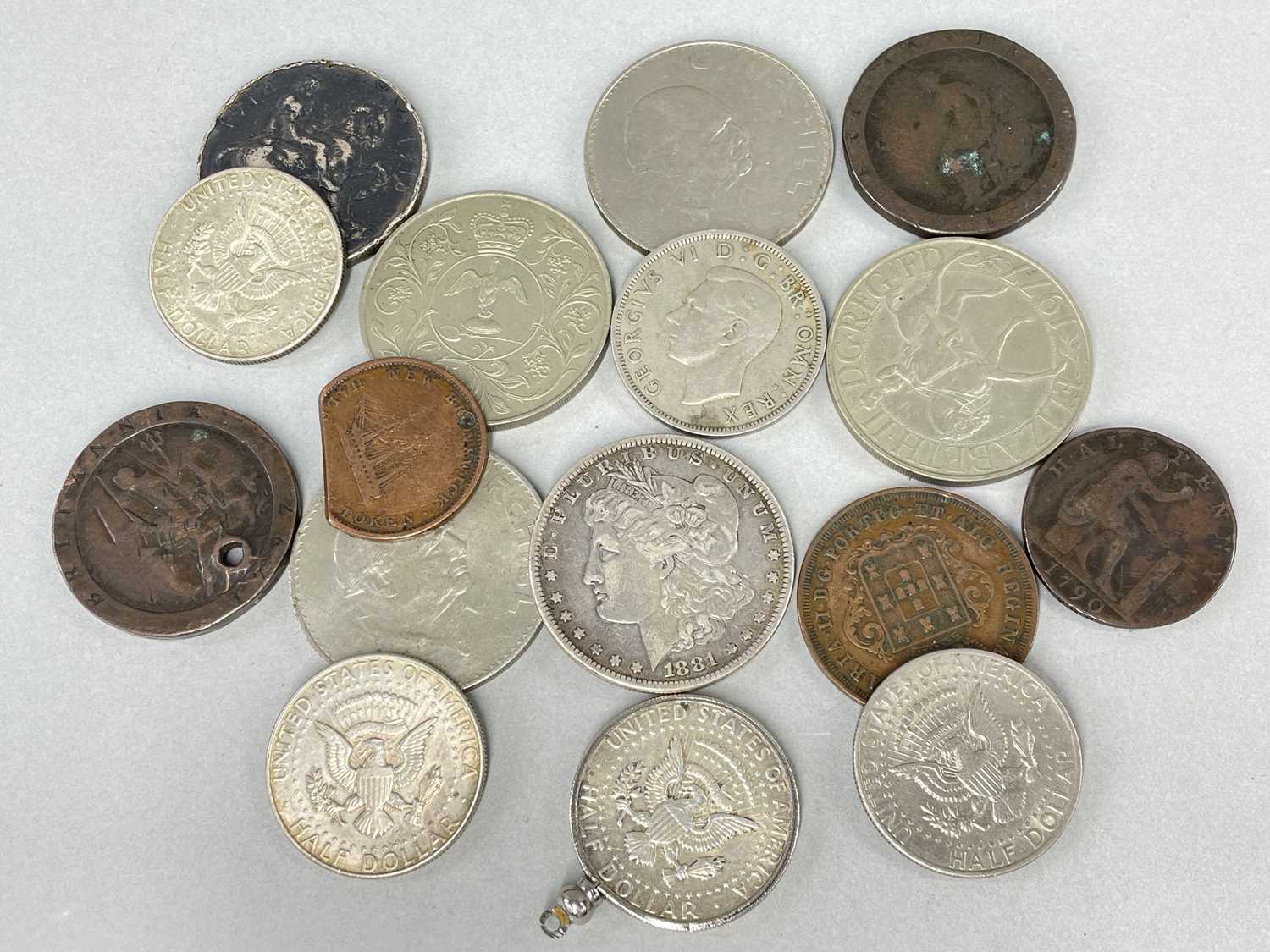 ASSORTED PRE-DECIMAL COINAGE & WWI MEDAL, including 1881 silver dollar, 2x 1964 Kennedy silver