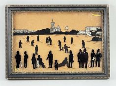 A TWO LAYER GLASS PICTURE painted with silhouettes of a Victorian cricket match with spectators at