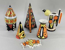 SIX SMALLER LORNA BAILEY CERAMICS, comprising 'Astro' (prototype) sugar caster, conical peperette,