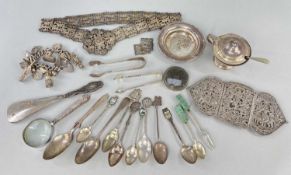 ASSORTED SILVER & PLATED COLLECTIBLES, including large Indian coin silver belt buckle decorated with