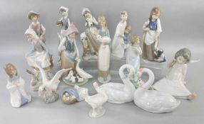 LARGE GROUP OF LLADRO FIGURINES, some with animals/birds, and including pair of swans, duck and