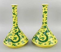 PAIR JAPANESE FUKUGAWA BOTTLE VASES, decorated in the Chinese taste with 4-clawed green dragons