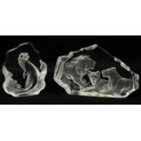 TWO MATS JONASSON (SWEDEN) FROSTED GLASS WILDLIFE SCULPTURES, the large depicting three lions, 15.