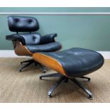 MODERN PLYWOOD '670' LOUNGE CHAIR & '671' STOOL AFTER A DESIGN BY CHARLES & RAY EAMES, with black