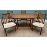 MID-CENTURY DANISH EXTENDING TEAK DINING TABLE BY SKOVBY complete with four G-Plan upholstered