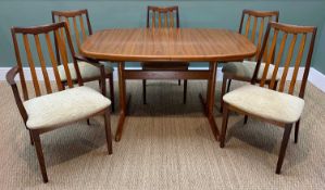 MID-CENTURY DANISH EXTENDING TEAK DINING TABLE BY SKOVBY complete with four G-Plan upholstered