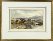 THOMAS ROWDEN (1842-1926) watercolour - cattle at an upland stream, signed and dated 1895, 16 x