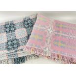 TWO WELSH WOOLEN 'TAPESTRY' BLANKETS, pink, blue, green, yellow and cream, with fringes, 178 x