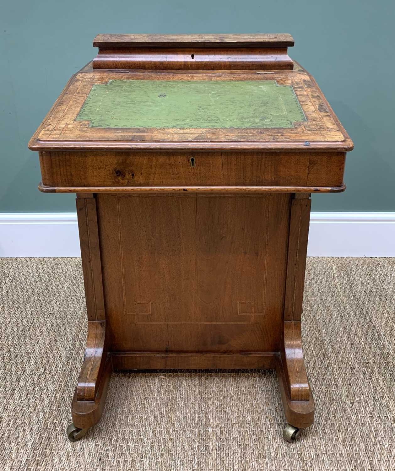 LATE VICTORIAN WALNUT DAVENPORT DESK, satinwood cross-banded decoration with stationery