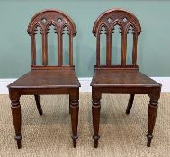 PAIR VICTORIAN GOTHIC REVIVAL HALL CHAIRS, arched pieced backs with trefoils, tapering square