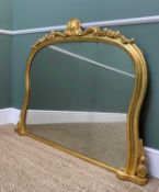 GOOD VICTORIAN GILT WOOD & GESSO OVERMANTEL MIRROR, escutcheon centred acanthus leaf and floral