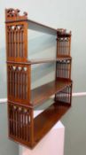 GEORGIAN-STYLE MAHOGANY WATERFALL HANGING SHELVES, Gothic-style pierced sides, 70 x 17.5 x 75cms