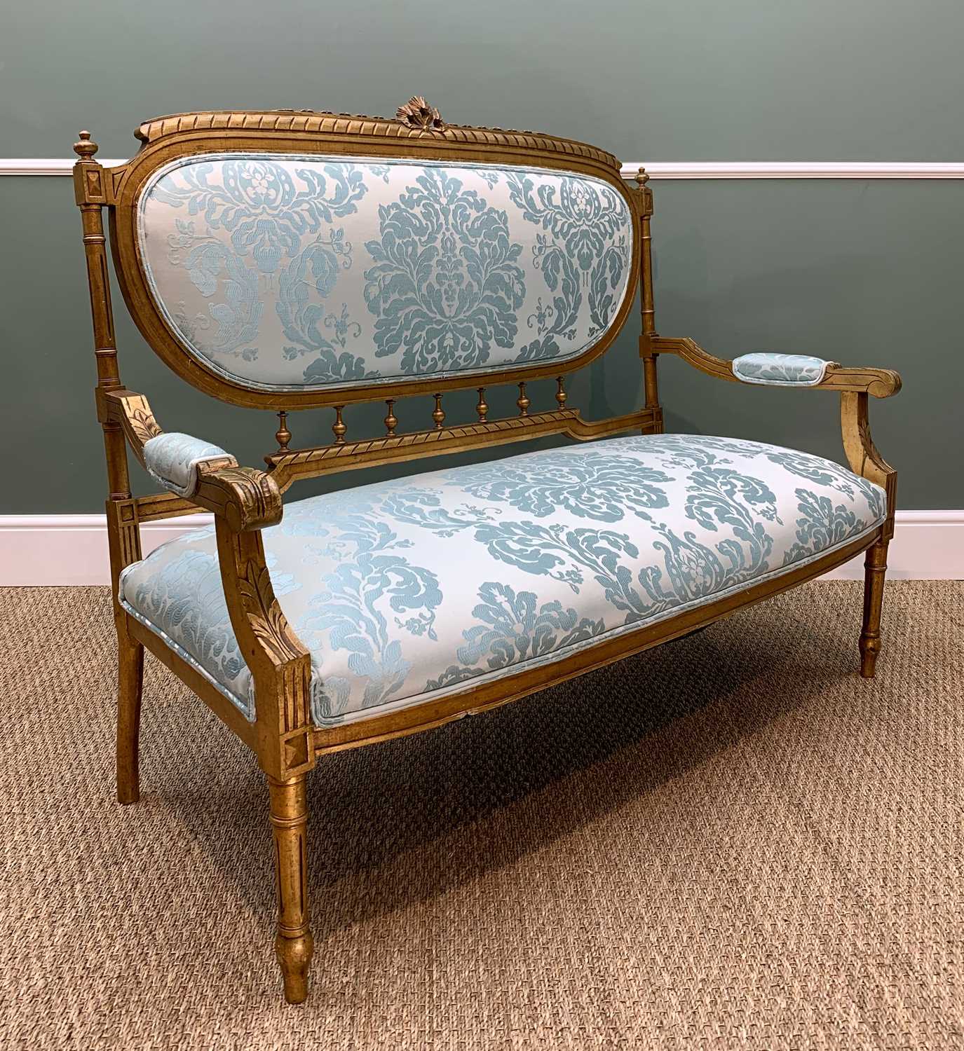 LOUIS XVI-STYLE GILTWOOD SALON SUITE, leaf carved arms and turquoise floral embroidered damask - Image 3 of 5