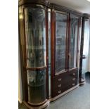 MODERN LACQUERED WOOD DISPLAY CABINET, sectional, glazed flanking bowfront doors and three