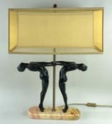 ART DECO STYLE FIGURAL TABLE LAMP, pair of dancing maidens, on yellow marble, possibly Sienna,