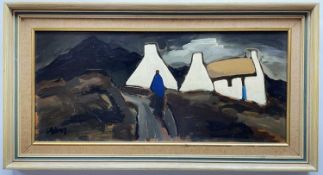 ‡ MARKEY ROBINSON (Irish 1918-1999) oil on board - landscape, figure in blue coat on road, white-