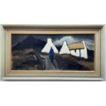 ‡ MARKEY ROBINSON (Irish 1918-1999) oil on board - landscape, figure in blue coat on road, white-