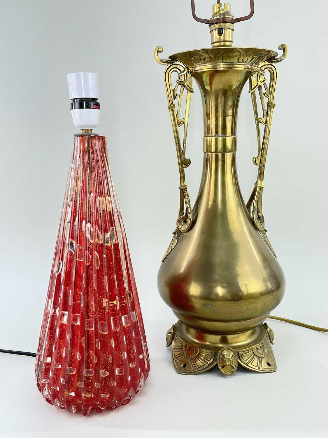 TWO TABLE LAMPS, comprising post War Italian ribbed glass lamp with red and...