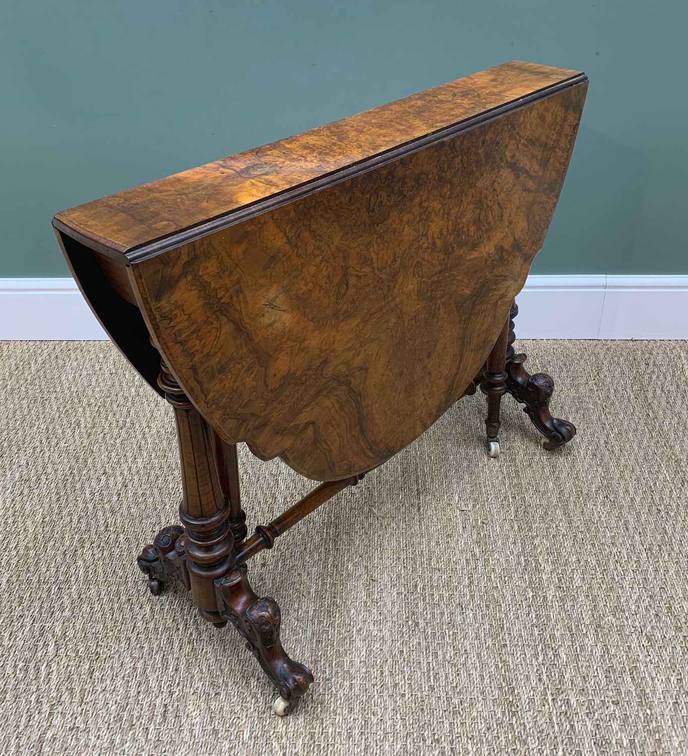 MID VICTORIAN BURR-WALNUT SUTHERLAND TABLE, shaped top over column suppports with blind fret - Image 3 of 6