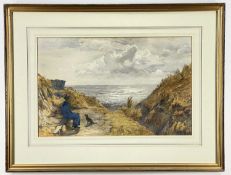 SAMUEL WILLIAM OSCROFT (1834-1924) watercolour - Faraway Thoughts, fisherman on a beach looking to