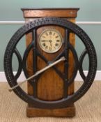 INTERNATIONAL TIME RECORDER CLOCK, the oak case with cast iron open fly wheel (missing numerals) and