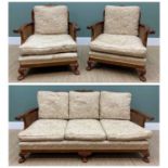 1930'S MAHOGANY CANED BERGERE SUITE, comprising three seater settee and two armchairs, all with