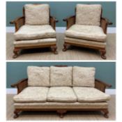 1930'S MAHOGANY CANED BERGERE SUITE, comprising three seater settee and two armchairs, all with