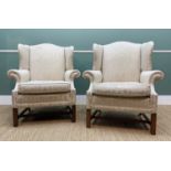 PAIR GEORGIAN-STYLE WING-BACK ARMCHAIRS, upholstered in Grecian-style ivory damask fabric, 88cms