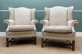 PAIR GEORGIAN-STYLE WING-BACK ARMCHAIRS, upholstered in Grecian-style ivory damask fabric, 88cms