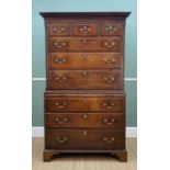 GEORGE III OAK TALLBOY CHEST, dental cornice and blind fret, carved frieze above three short,