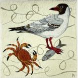 AMANDA WRIGHT wool on cotton - Black Headed Gull and Crab, signed with initials, titled verso with