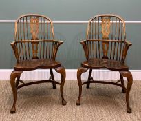 PAIR OF ELM WINDSOR ARMCHAIRS, pierced splats, spindle backs, saddle seats, crinoline stretcher,