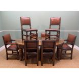 ELIZABETHAN-STYLE OAK EXTENDING DINING TABLE & CHAIRS, comprising oval table with carved legs on