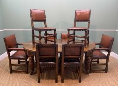 ELIZABETHAN-STYLE OAK EXTENDING DINING TABLE & CHAIRS, comprising oval table with carved legs on