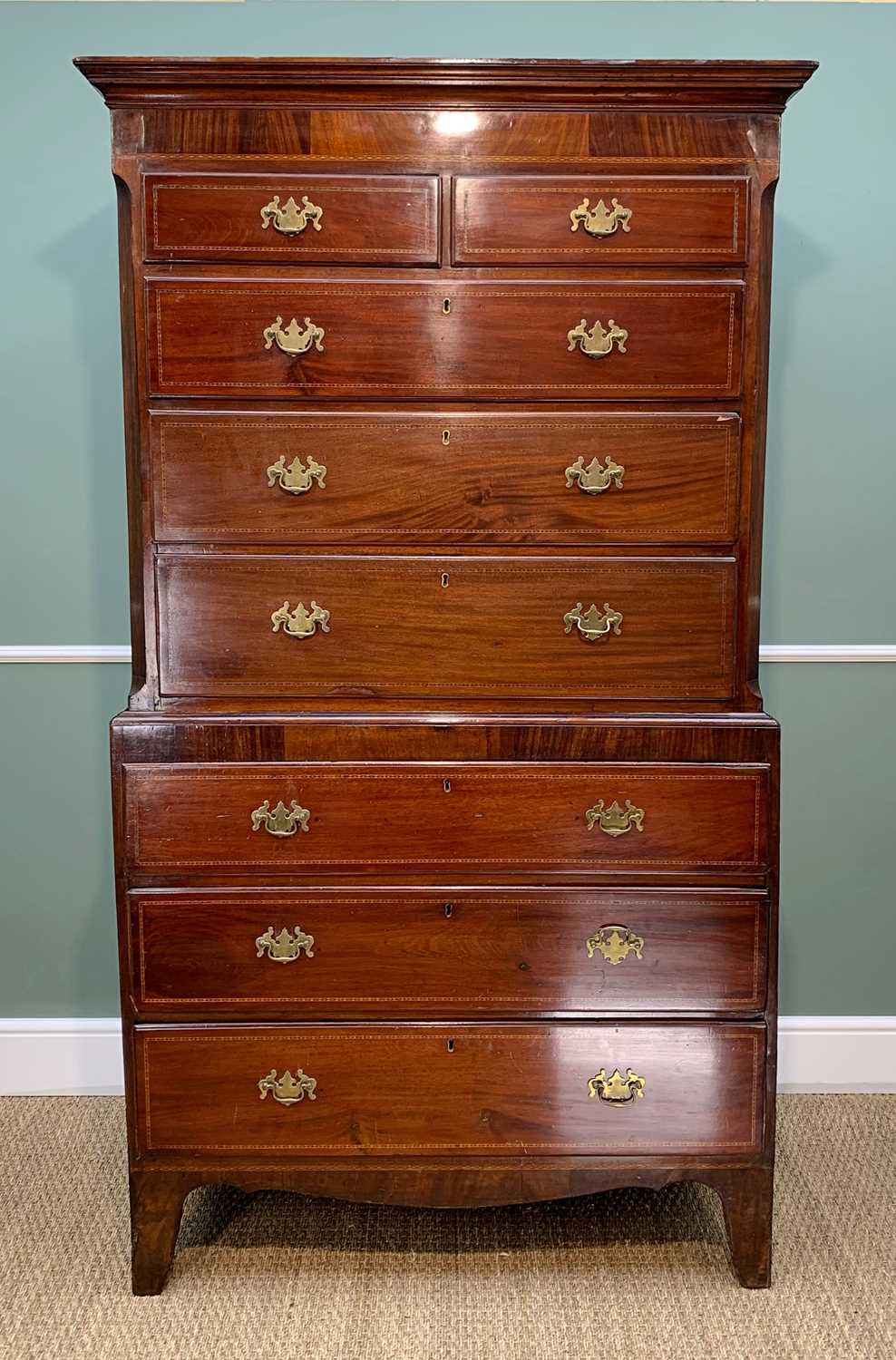 19TH CENTURY MAHOGANY TALLBOY CHEST, canted angles, fitted two short and three long graduated