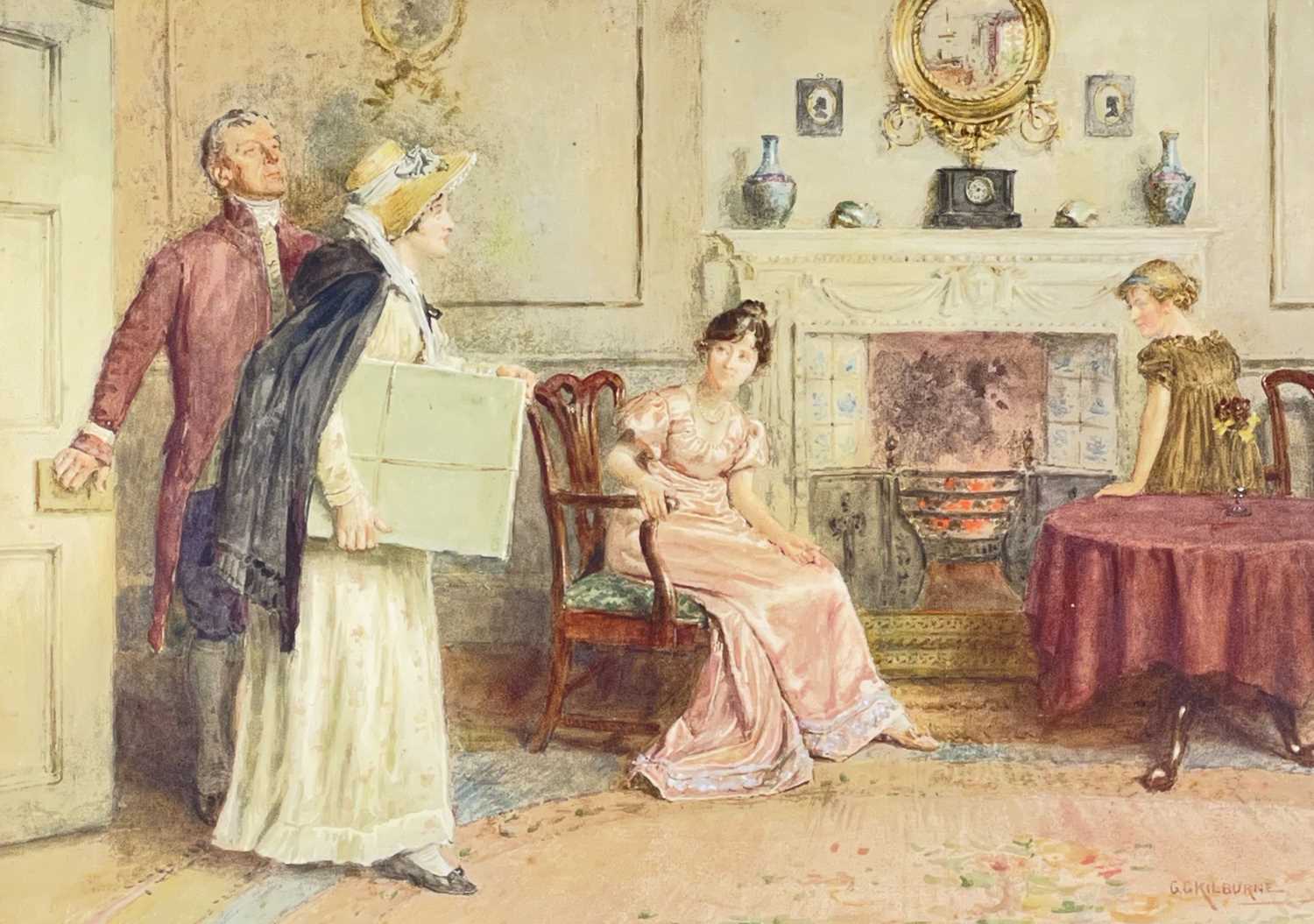 GEORGE KILBURNE RI RBA (1839-1924) watercolour- The Parcel, interior scene with figures in an - Image 2 of 2