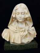 ITALIAN ALABASTER BUST OF A GIRL, c. 1900, wearing chiffon scarf, signed verso, on grey marble base,