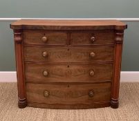 LATE VICTORIAN WALNUT BOW-FRONT CHEST, fitted two short and three long graduated drawers between