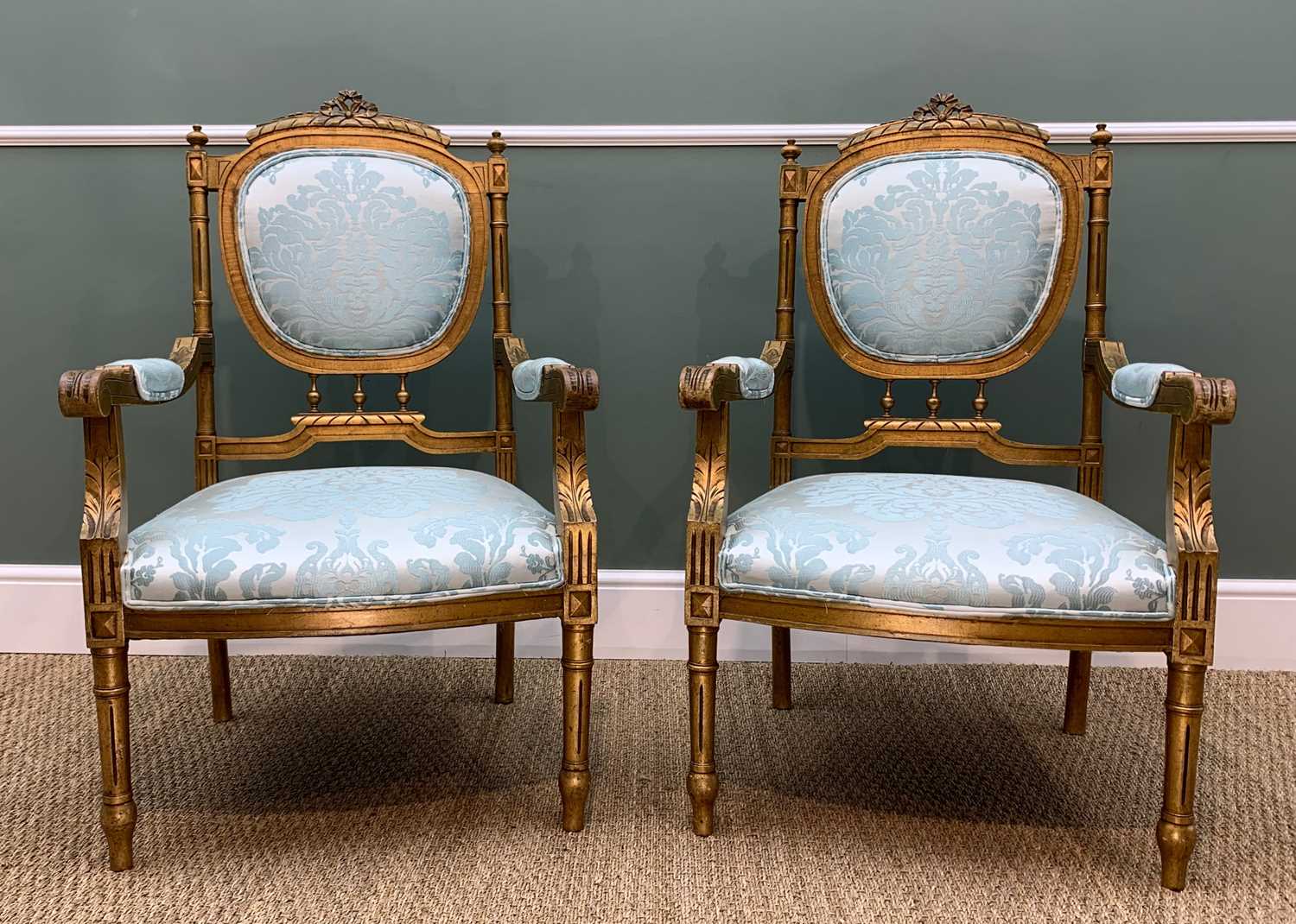 LOUIS XVI-STYLE GILTWOOD SALON SUITE, leaf carved arms and turquoise floral embroidered damask - Image 4 of 5
