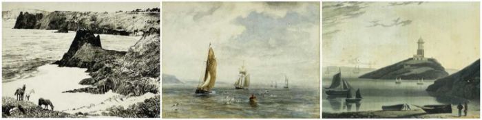 VARIOUS x 3 (1) James Harris watercolour, shipping and yachts, signed, 16.5 x 21.5cms (2) William