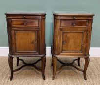 PAIR OF FRENCH 19TH CENTURY BEDSIDE CUPBOARDS, glass inset tops, each with brushing slide frieze