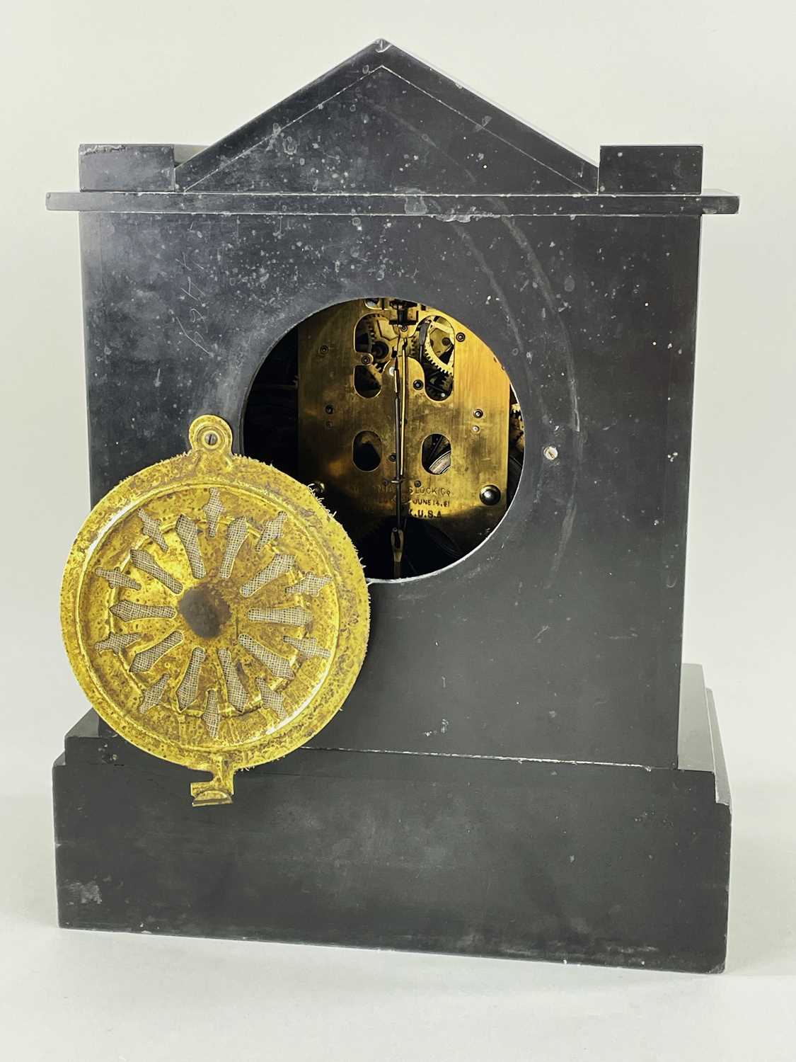 LATE 19TH CENTURY SLATE & MAINE RED MARBLE MANTEL CLOCK, architectural case, 4-inch dial with - Image 2 of 2