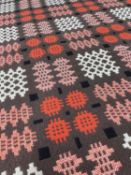 WELSH WOOLEN 'TAPESTRY' BLANKET, chocolate, coral, cream, black, with fringe, 188 x 234cm (excl.