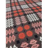 WELSH WOOLEN 'TAPESTRY' BLANKET, chocolate, coral, cream, black, with fringe, 188 x 234cm (excl.