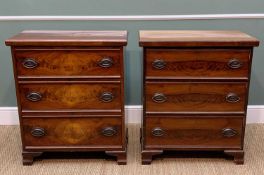 PAIR OF THREE DRAWER CHESTS, with walnut drawer fronts and pressed copper handles, 91h x 77w x 39cms