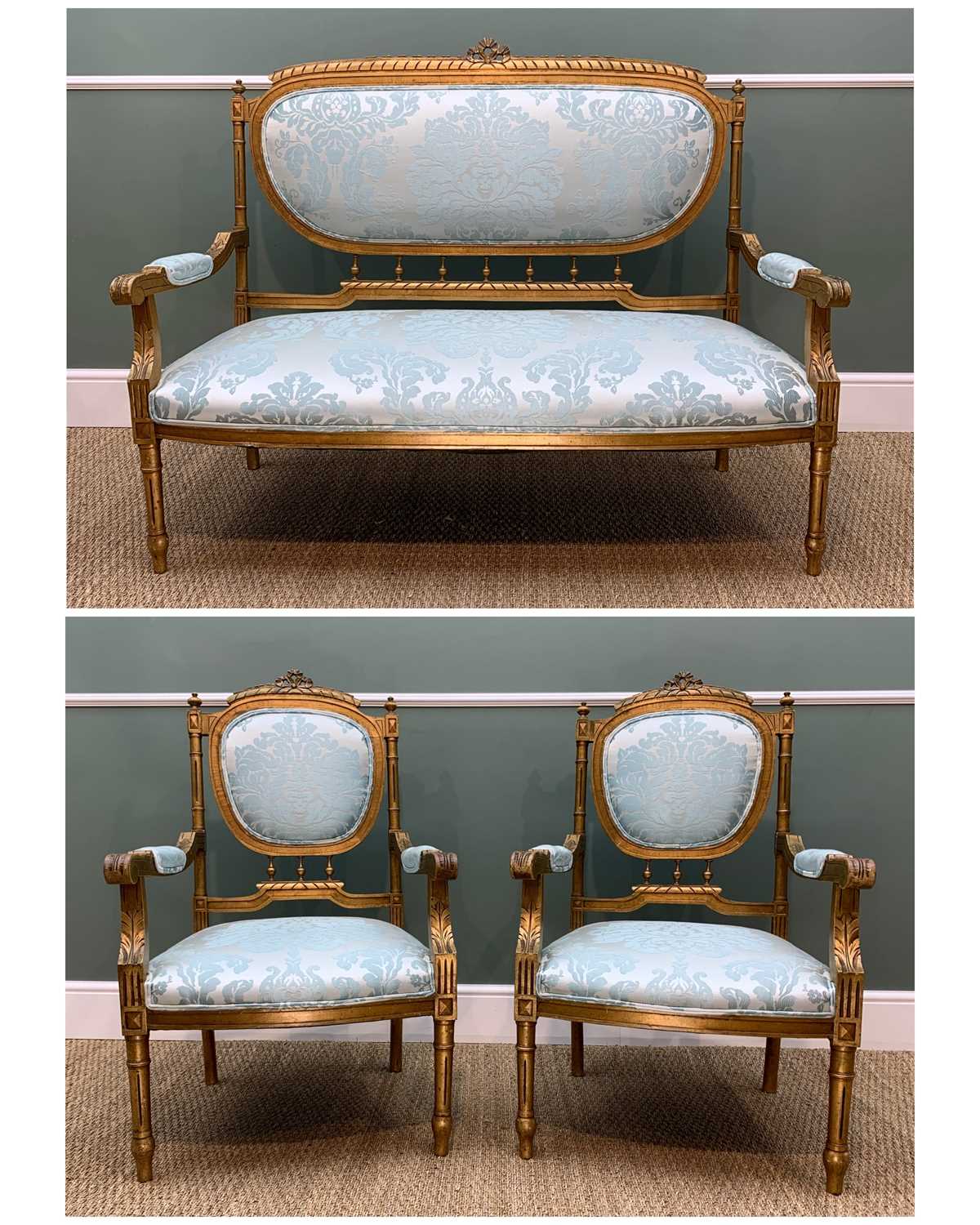 LOUIS XVI-STYLE GILTWOOD SALON SUITE, leaf carved arms and turquoise floral embroidered damask