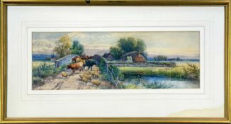 THOMAS ROWDEN (1842-1926) watercolour - cattle and sheep on a bridge, signed and dated 1891, 18 x