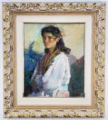 JUAN BAUTISTA PORCAR RIPOLLÉS (Spanish, 1888-1974) oil on board - Catalan Girl, signed, 46 x 38cms