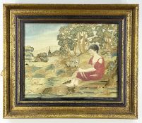 REGENCY SILKWORK PICTURE, depicting a shepherdess in a rural landscape, with figure and church in